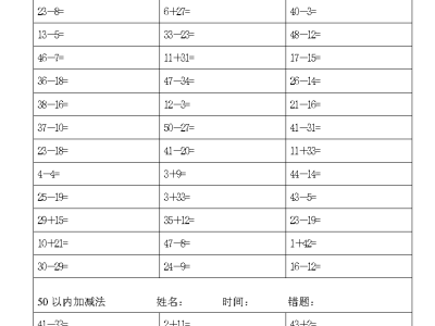 一年级上册数学50以内加减法练习题
