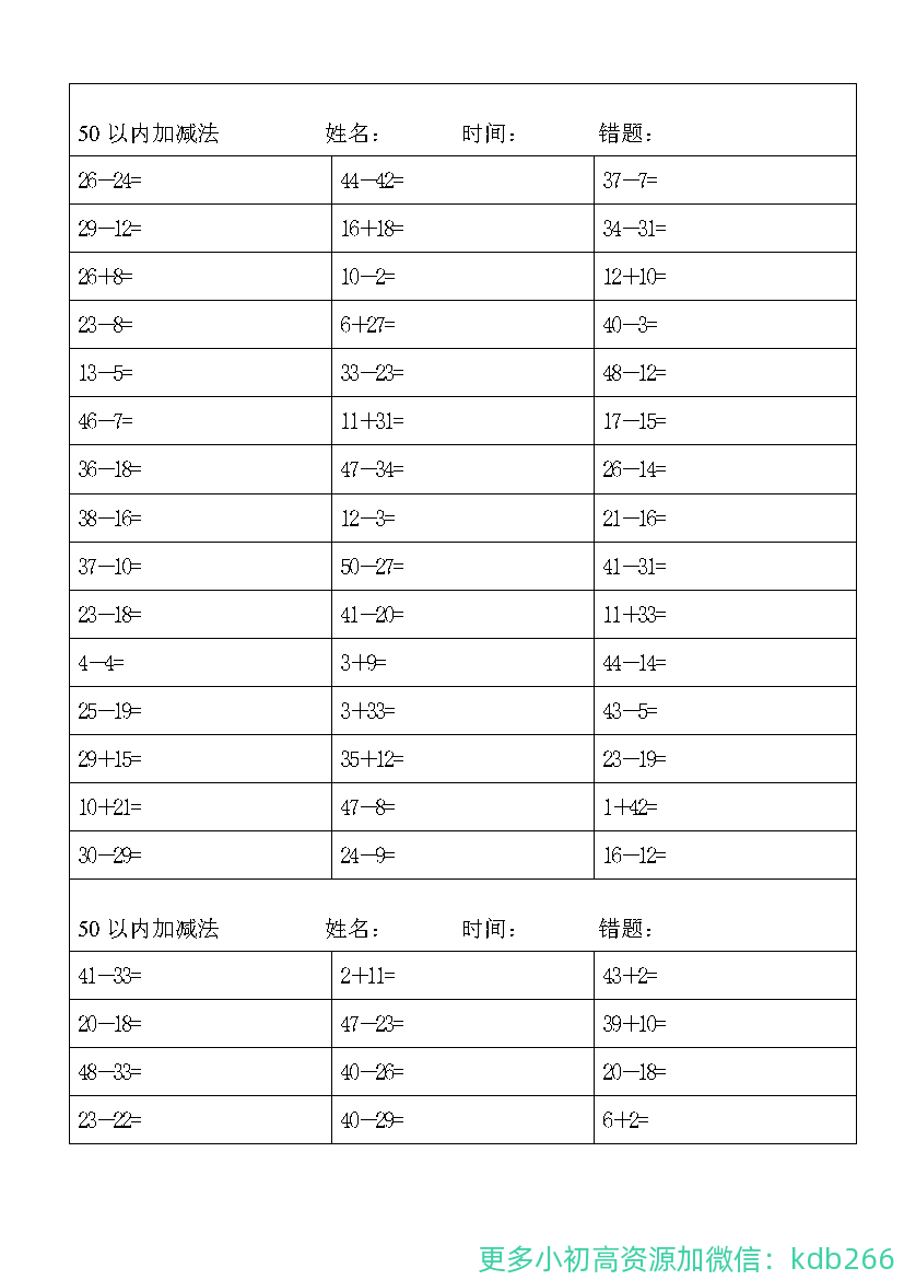 一年级上册数学50以内加减法练习题