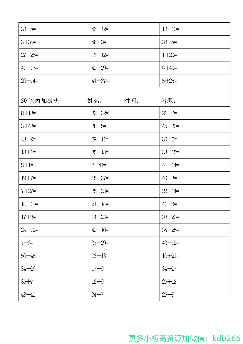 一年级上册数学50以内加减法练习题