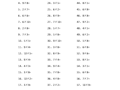 二年级下册数学表内乘法第41-60篇（高级）